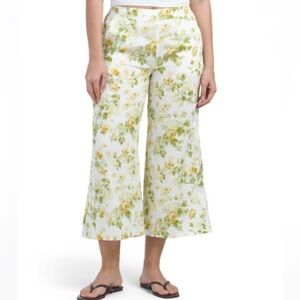 New! LAURA ASHLEY Linen Floral Printed Pull On Wide Leg Pants size M